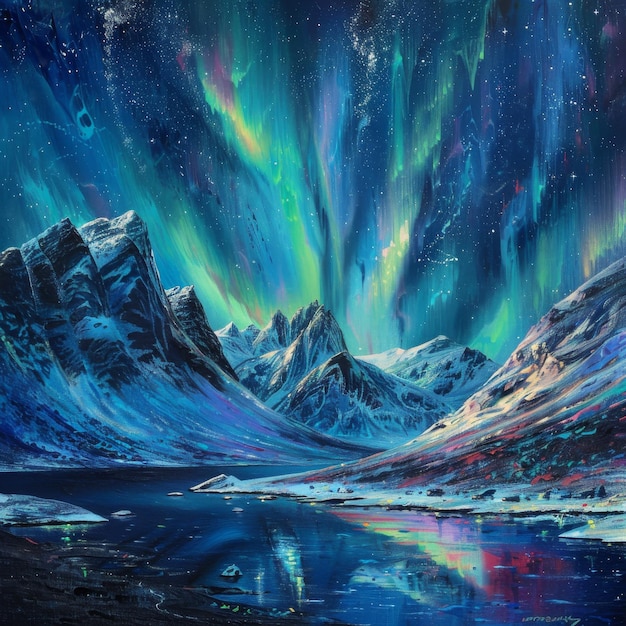 Las luces del norte Noruega Invierno Aurora Borealis Pintura Las luces polares Copia el espacio