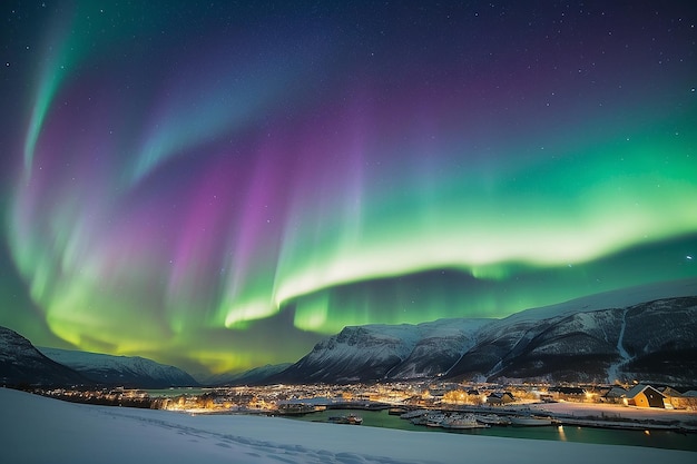 Foto las luces del norte o la aurora boreal en el cielo sobre tromso, noruega