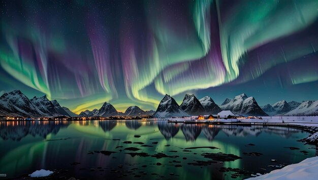 Foto las luces del norte y el pico de la montaña por la noche aurora boreal y silueta de solo g