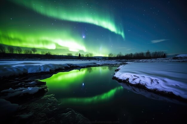 Las luces del norte se reflejan en un estanque congelado