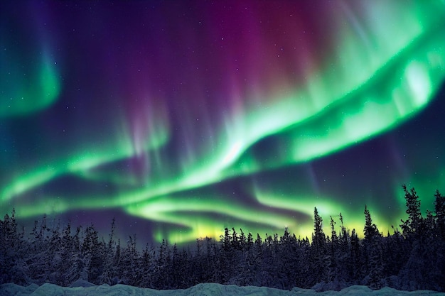 Luces del norte sobre el bosque. Aurora borealis con estrellas en el cielo nocturno. invierno fantastico