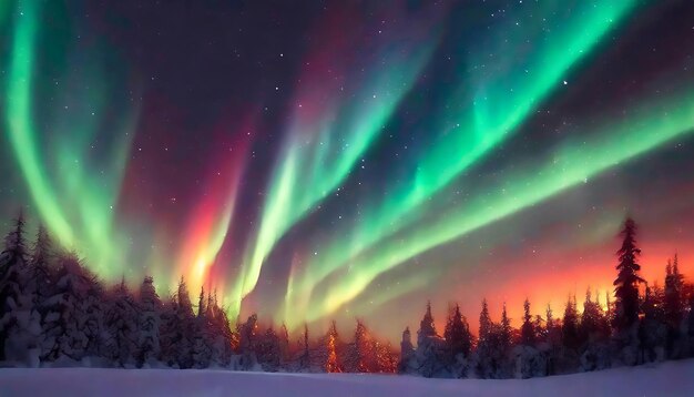 Foto las luces del norte sobre el bosque nevado resumen