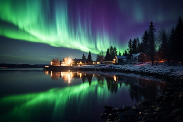 Las luces del norte sobre las casas a la orilla del lago en invierno