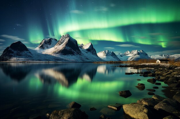 Foto las luces del norte sobre el pueblo de las islas lofoten, noruega