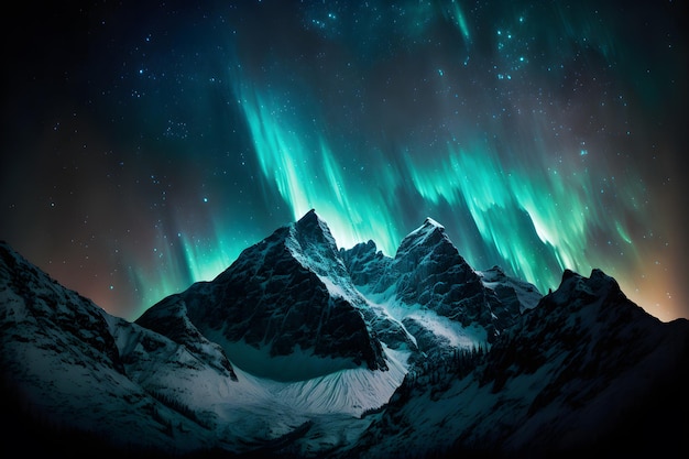 Luces polares también llamadas auroras boreales o auroras boreales en las montañas del norte de noruega Arte generado por redes neuronales