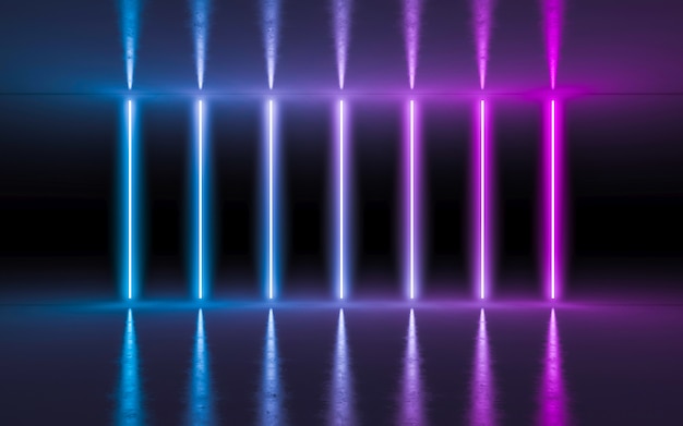 Luces que brillan intensamente de neón púrpuras y azules del fondo abstracto en sitio oscuro vacío con la reflexión.