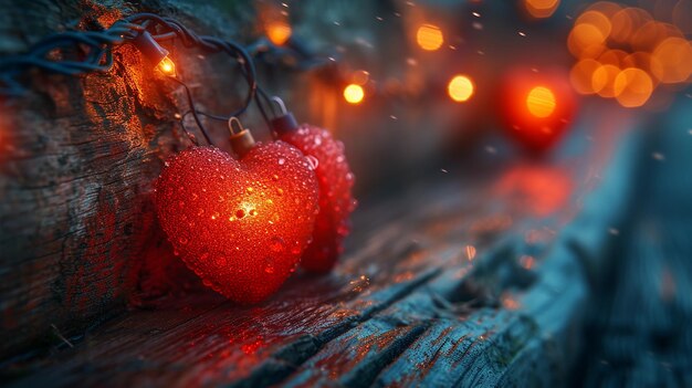 Luces rojas de Navidad con formas de corazón en fondo de madera concepto de Día de San Valentín vacaciones románticas