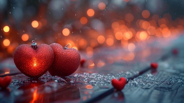 Luces rojas de Navidad con formas de corazón en fondo de madera concepto de Día de San Valentín vacaciones románticas