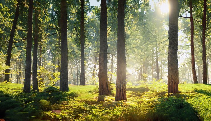 luces de sol y bosque verde