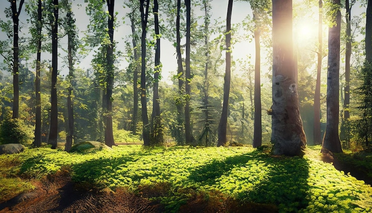 luces de sol y bosque verde