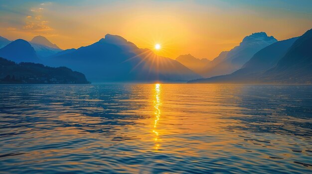 Foto las luces del sol naciente detrás de las montañas cerca del agua del lago