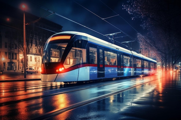 Luces de tranvía de movimiento nocturno dinámico de IA generativa en el paisaje urbano urbano