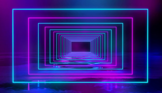 Luces de tubo de neón azul y púrpura en la habitación oscura vacía Fondo de ilustración de representación 3D