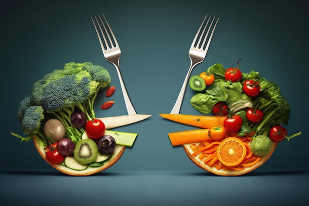 Lucha dietética y concepto de decisión y dilema de opciones nutricionales entre frutas y verduras frescas saludables o comida rápida rica en colesterol con dos tenedores de cena compitiendo para decidir qué comer