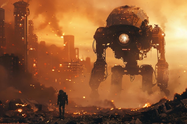La lucha épica de los humanos contra los robots humanoides en un humo