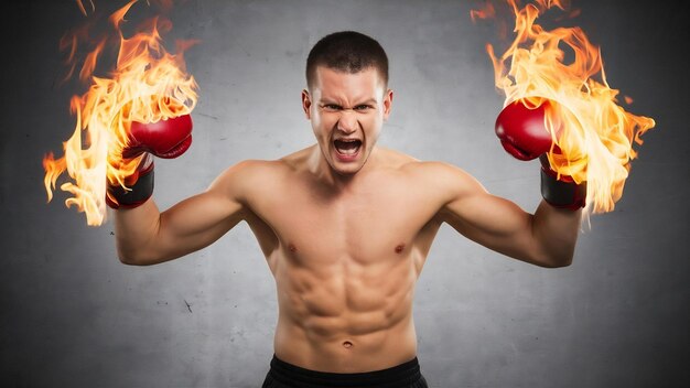 Luchador agresivo sin camisa con guantes de boxeo en llamas sobre un fondo gris