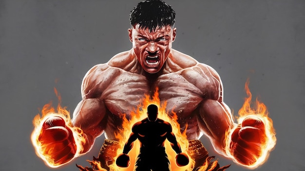 Luchador agresivo sin camisa con guantes de boxeo en llamas sobre un fondo gris