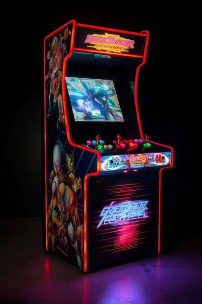 Un luchador callejero holográfico Arcade que brilla intensamente Máquina de juego IA generativa