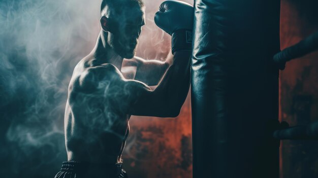 Luchador dando um golpe Esporte profissional Luchador de força Luchador em um humor de luz e grão treino de boxe com saco de boxe em sala de esportes escura