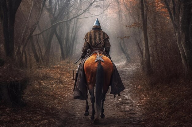 Luchador guerrero medieval con armadura de hierro montado en un caballo