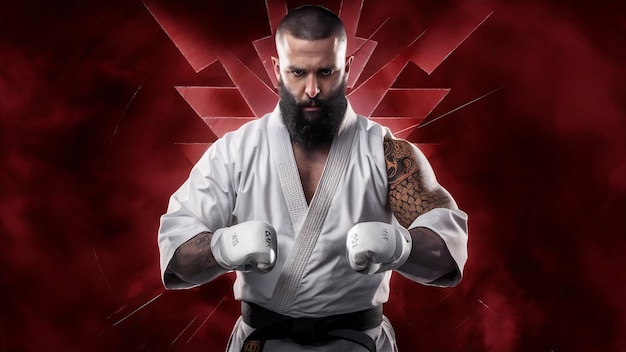 Un luchador de karate barbudo con un tatuaje en el brazo vestido con un kimono blanco