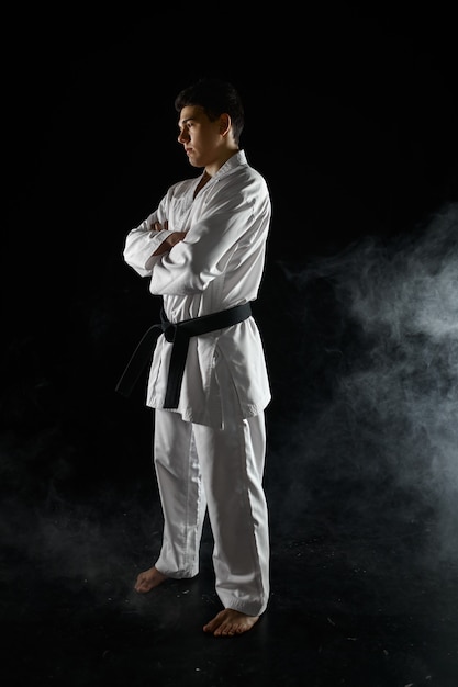 Luchador de karate masculino en kimono blanco, postura de combate. Hombre en entrenamiento de karate, artes marciales, competencia de lucha