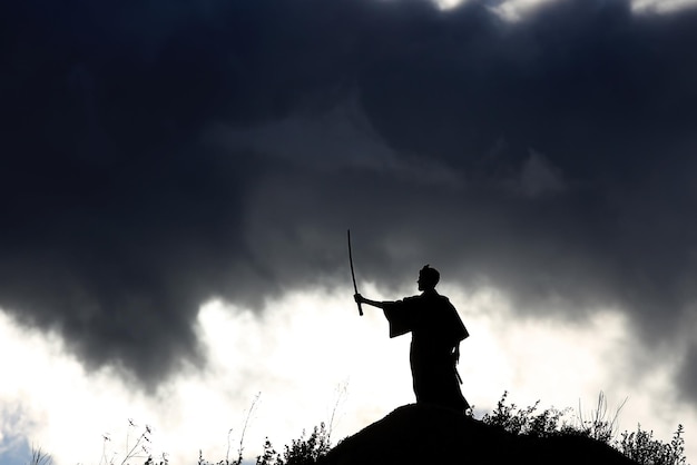 Luchador con una silueta de espada un ninja del cielo.