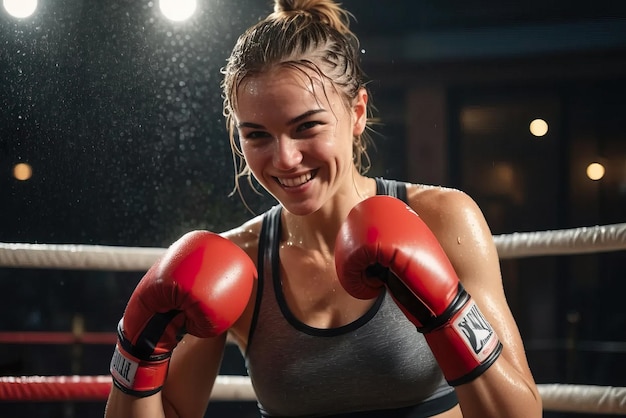 Una luchadora sonriente practica boxeo con guantes de lucha en el gimnasio