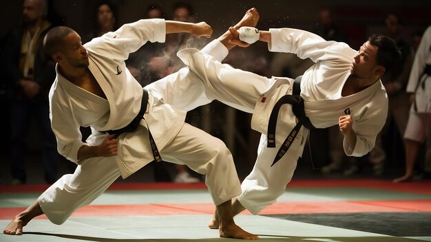 Foto los luchadores de karate en el campeonato de lucha de tatami