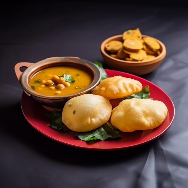 Foto luchi cholar dal ou pão frito feito de farinha