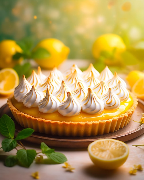 Luchosa tarta de merengue de limón Fotografía de primer plano cautivadora para un libro de cocina o publicidad