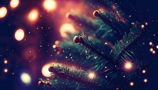Foto luciérnaga árbol de navidad oscuro fondo de primer plano con brillo fondo de la noche de navidad con luces
