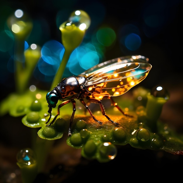 Foto una luciérnaga con un resplandor parecido a una gota de rocío