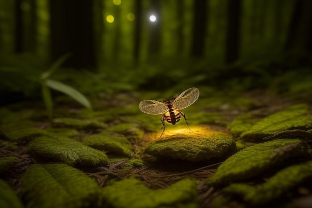 Luciérnagas brillando en el bosque por la noche.