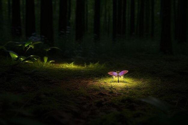 Luciérnagas brillando en el bosque por la noche.