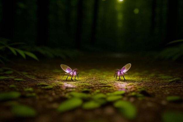 Luciérnagas brillando en el bosque por la noche