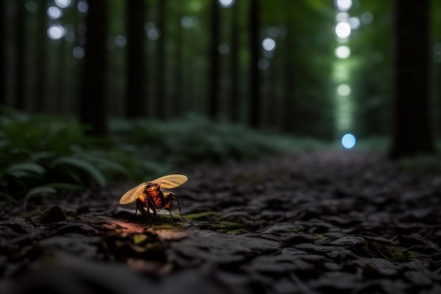 Luciérnagas brillando en el bosque por la noche