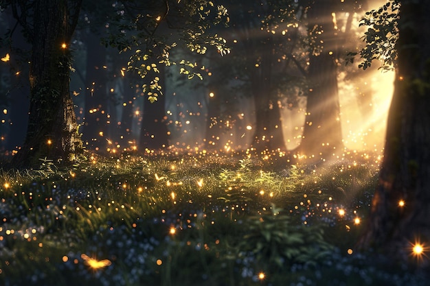 Luciérnagas brillantes creando un octano mágico del bosque