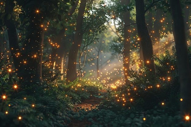 Luciérnagas brillantes iluminando un bosque mágico