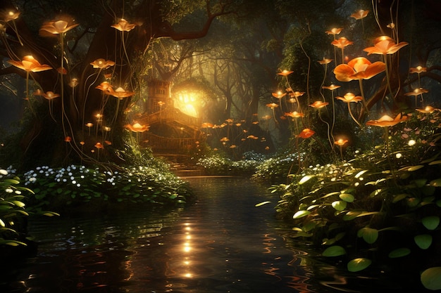 Luciérnagas encantadoras iluminando un bosque místico