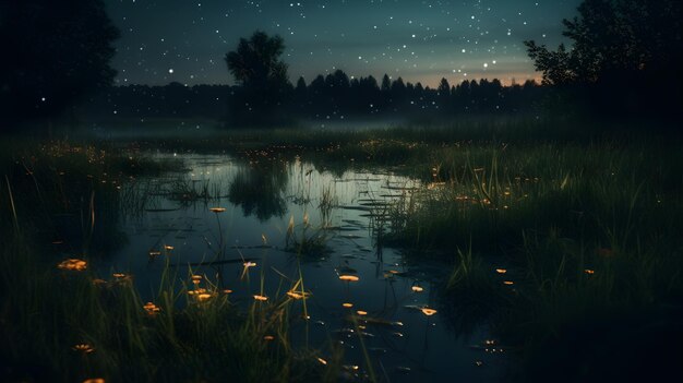 Luciérnagas en un prado junto al lago por la noche