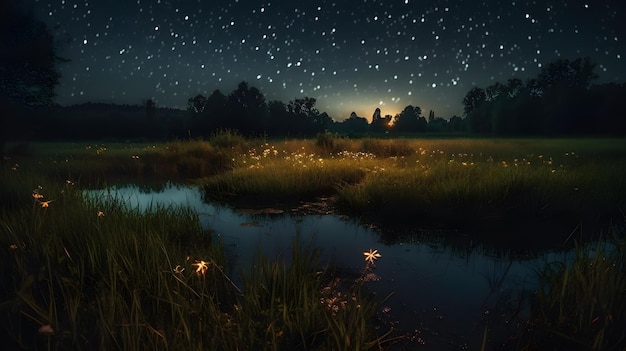 Luciérnagas en un prado junto al lago por la noche