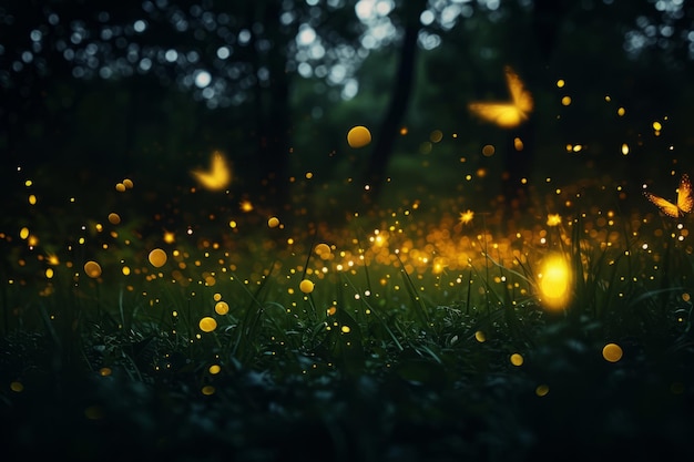 Foto luciérnagas volando en el bosque nocturno
