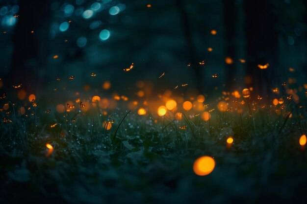 Foto luciérnagas volando en el bosque nocturno