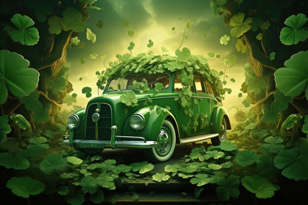 Foto lucky green vintage car camuflado em shamrocks a st patrick's day scene generative ai