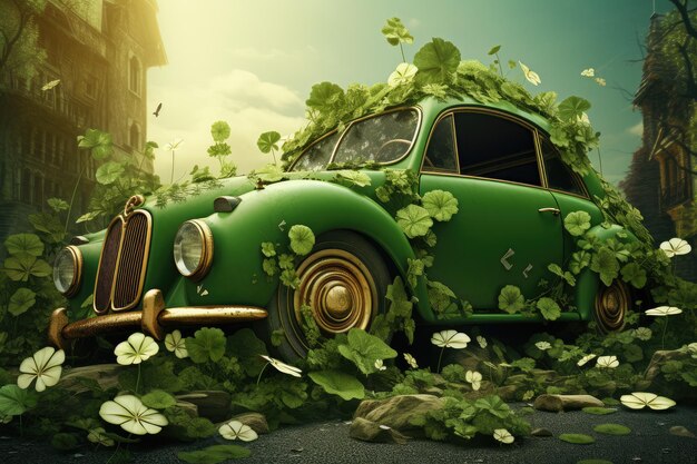 Foto lucky green vintage car camuflado em shamrocks a st patrick's day scene generative ai