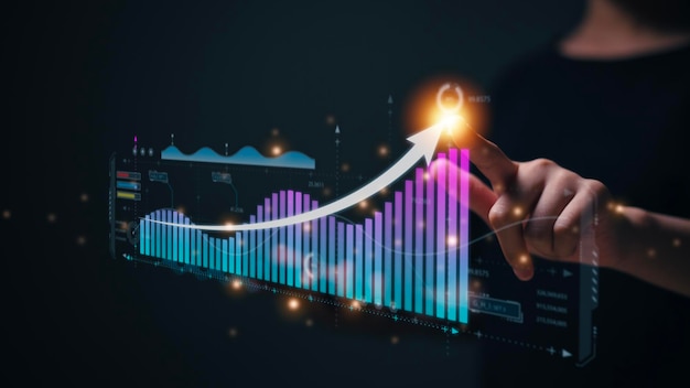 Lucratividade de análise de empresas em funcionamento com gráficos digitais de realidade aumentada indicadores positivos em 2023 mulheres calculam dados financeiros para investimentos de longo prazo