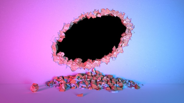 Lücke in einer mit Putz bedeckten Ziegelwand in Form einer Ellipse in Neonbeleuchtung, 3D-Illustration