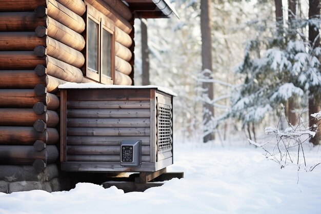 Luft-Wasser-Wärmepumpe in der Nähe eines alten Holzhauses im Winter