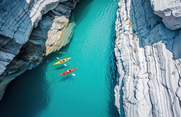 Foto luftabenteuer zwei kajakfahrer paddeln durch türkisfarbenes wasser inmitten eines zerklüfteten geländes und erfassen die essenz der erforschung und die schönheit der natur